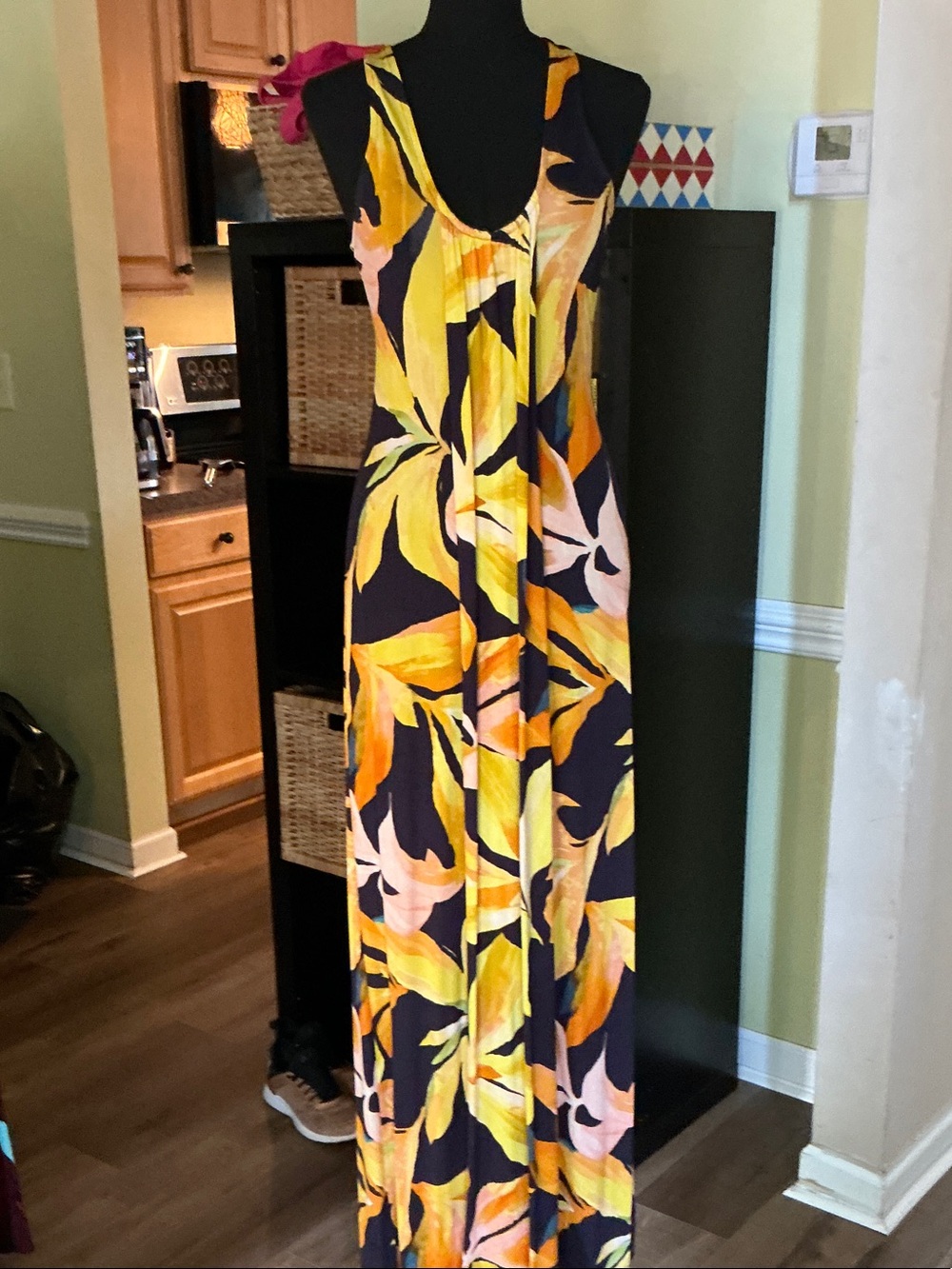 AFRM Navy Maxi Dress with Yellow & Coral Leaf Print
